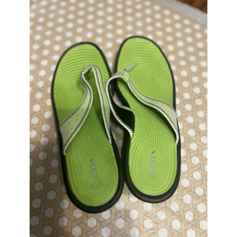 Skechers Flip Flop Wedge Sandals Black Lime Green Size‎ 10 Shoe Womens